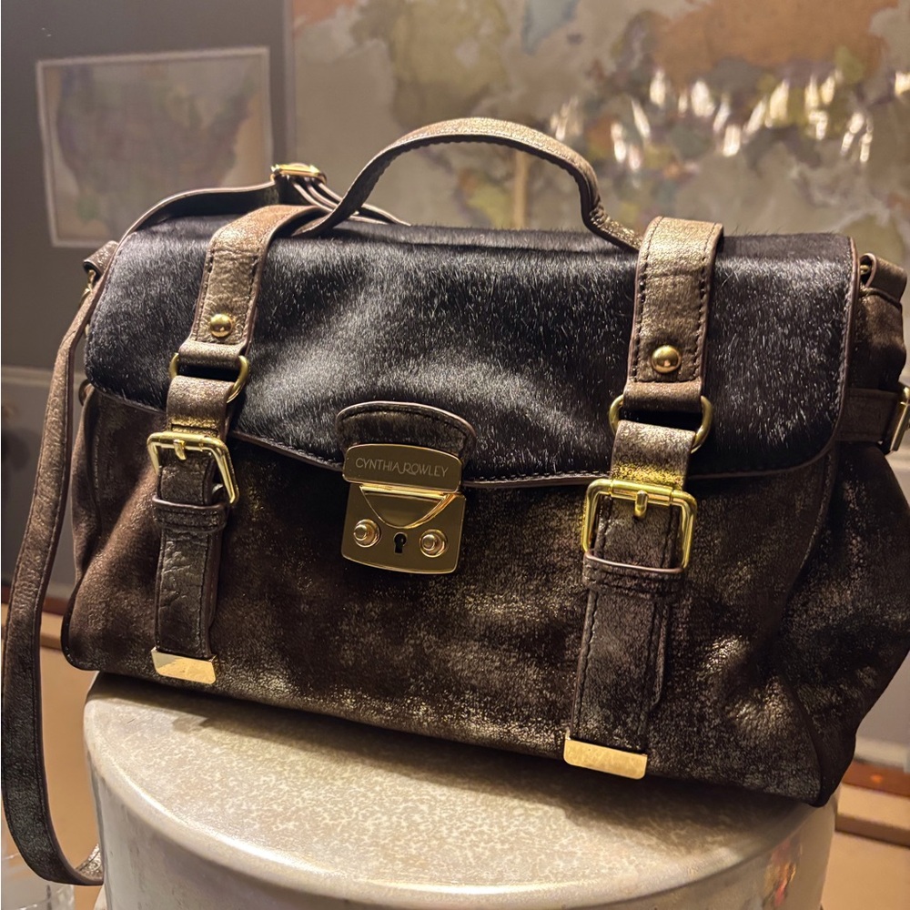 Cynthia Rowley Metallic Brown and Black Satchel with Gold Hardware